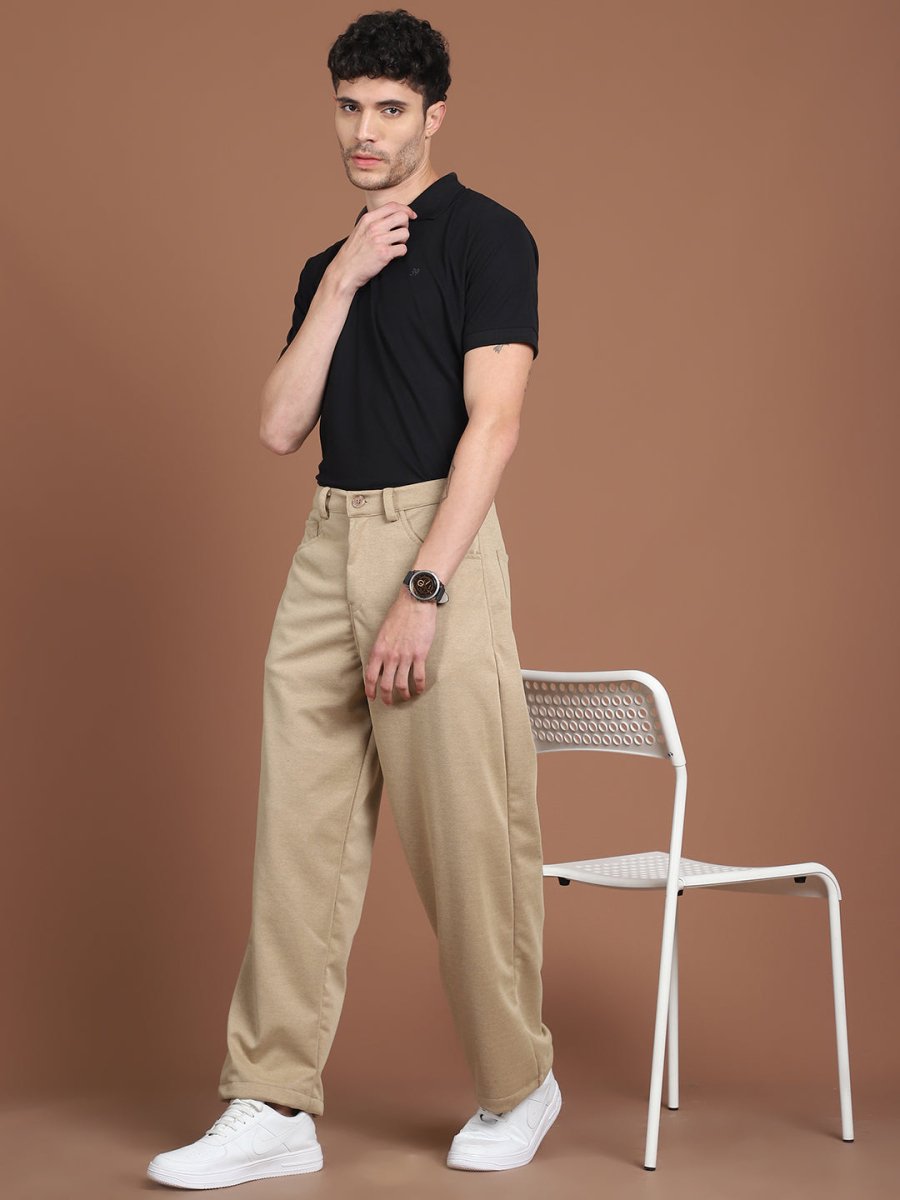 Solid Relaxed-Fit Regular Trousers For Men - GP_281Beige_30