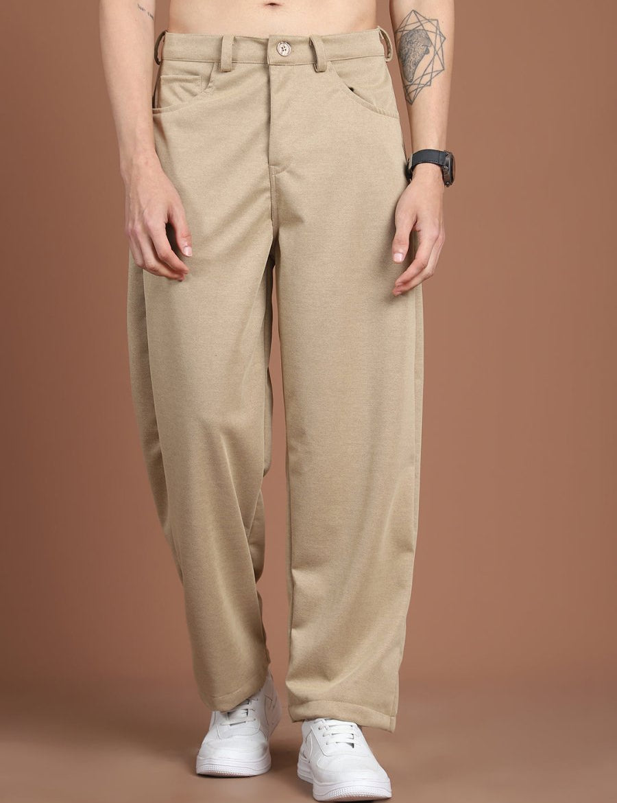 Solid Relaxed-Fit Regular Trousers For Men - GP_281Beige_30