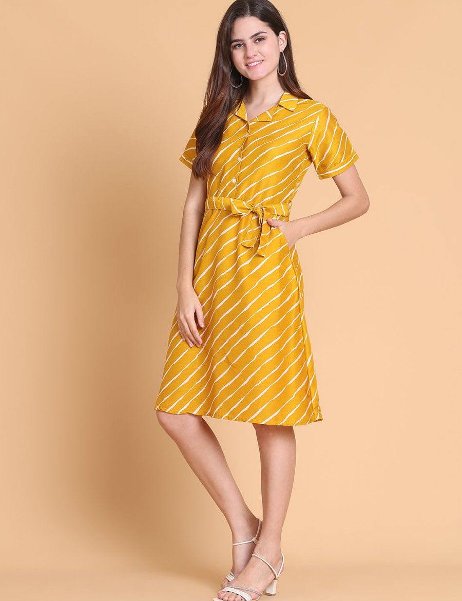 Striped A-Line Dress for Women - JND_1043Mustard_XS