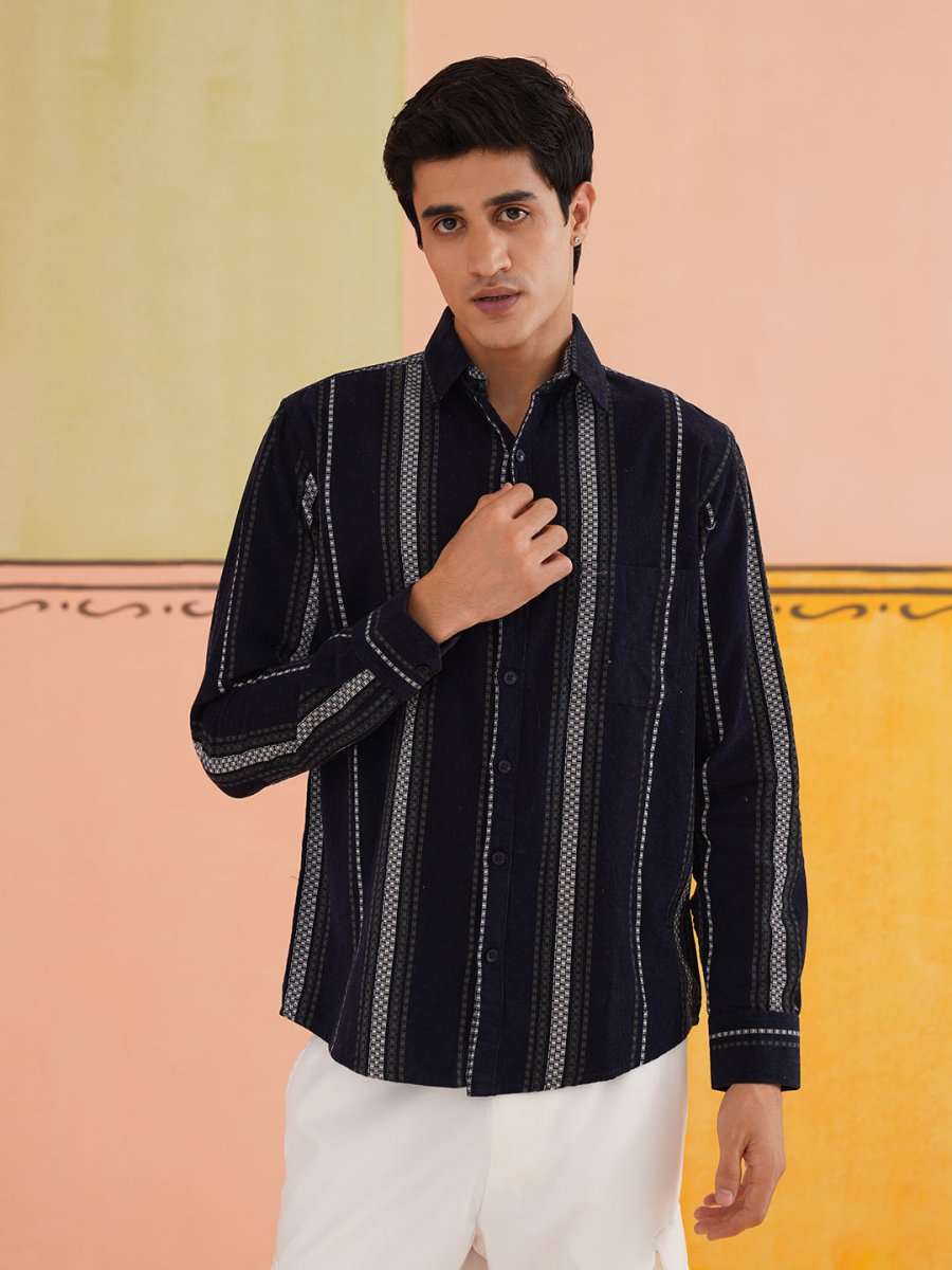 Striped Casual Shirt for Men - SF_9018Navy_S