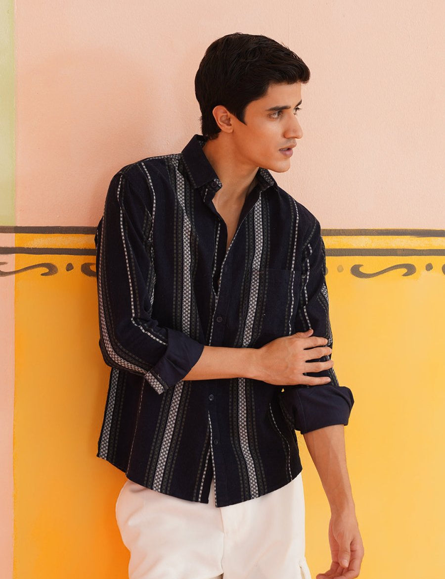 Striped Casual Shirt for Men - SF_9018Navy_S