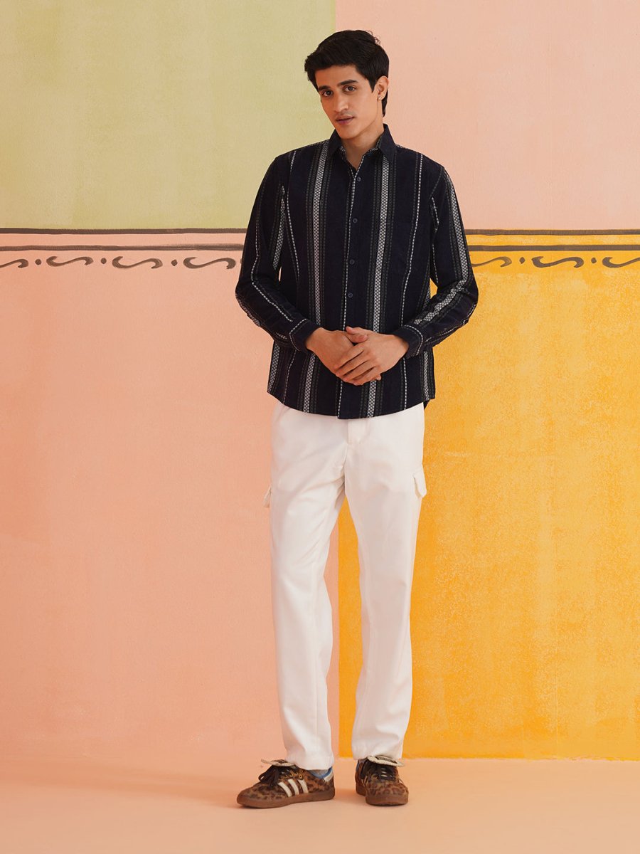Striped Casual Shirt for Men - SF_9018Navy_S