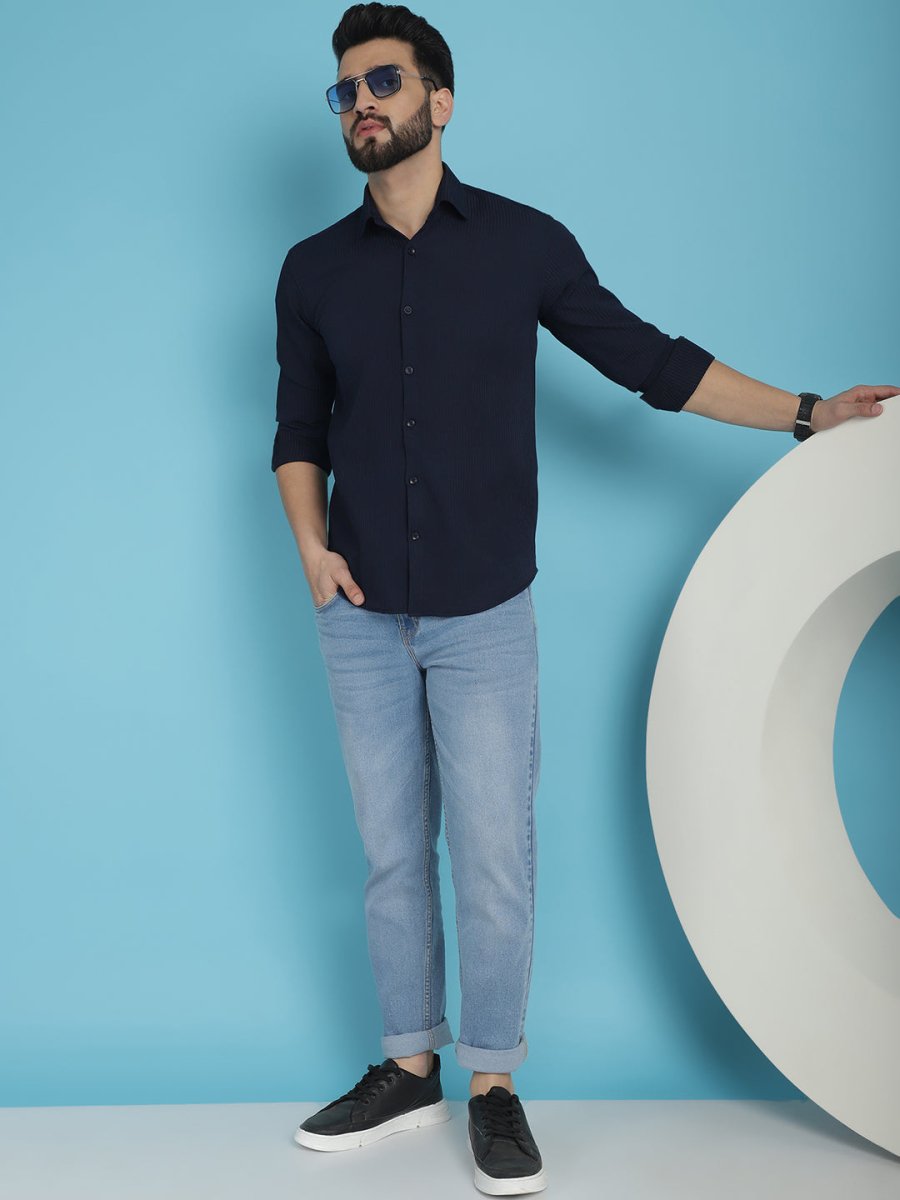 Striped Casual Shirt for Men's - SF_923Navy_S