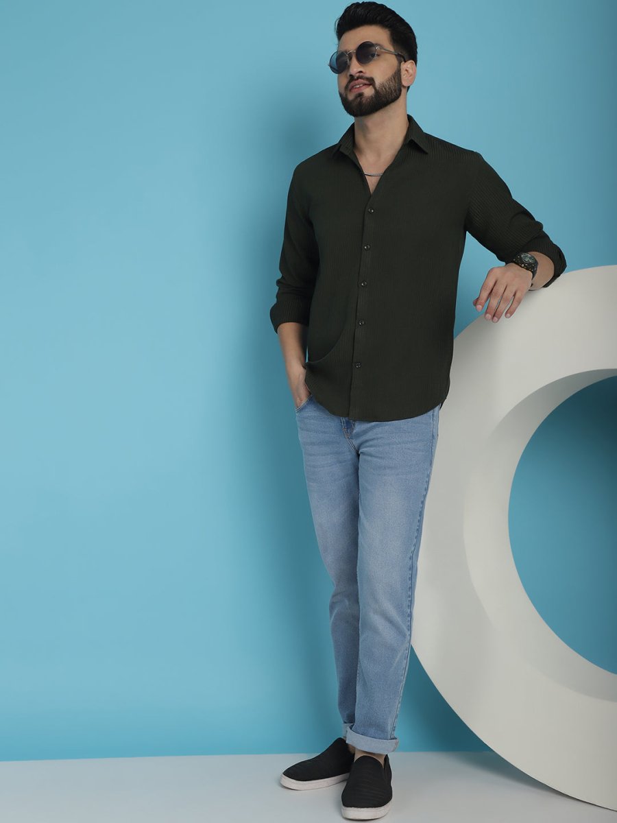 Striped Casual Shirt for Men's - SF_923Olive_S