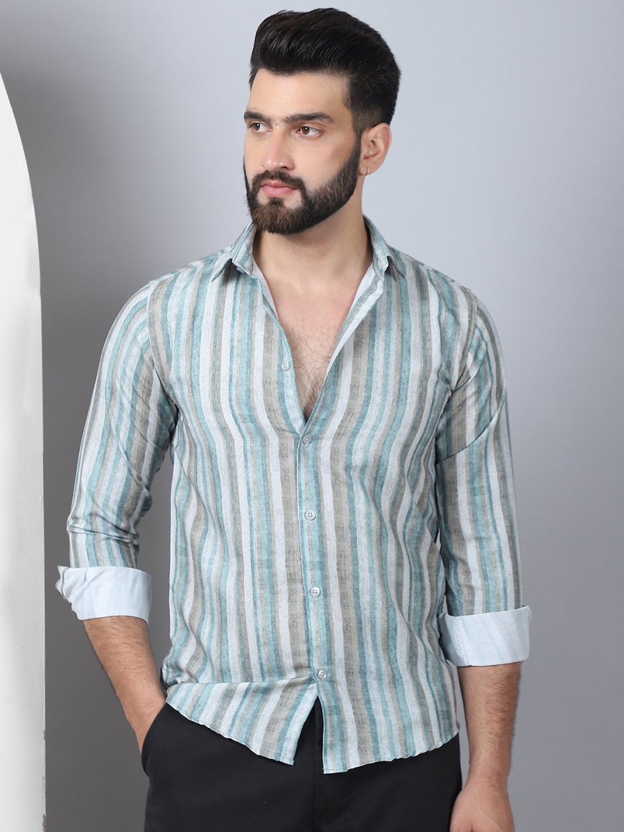 Striped Cotton Blend Casual Shirt For Men - SF_889Green_S