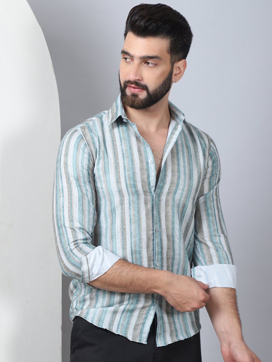Striped Cotton Blend Casual Shirt For Men - SF_889Green_S