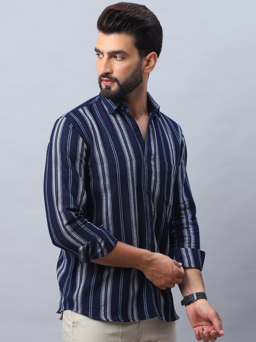 Striped Pure Cotton Casual Shirt for Men - SF_988Navy_S