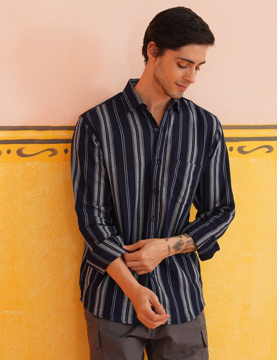 Striped Pure Cotton Casual Shirt for Men - SC_988Navy_S