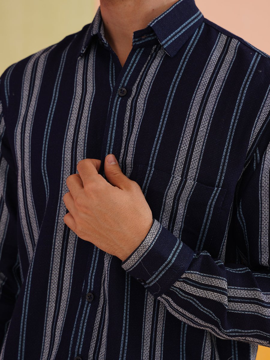 Striped Pure Cotton Casual Shirt for Men - SC_988Navy_S