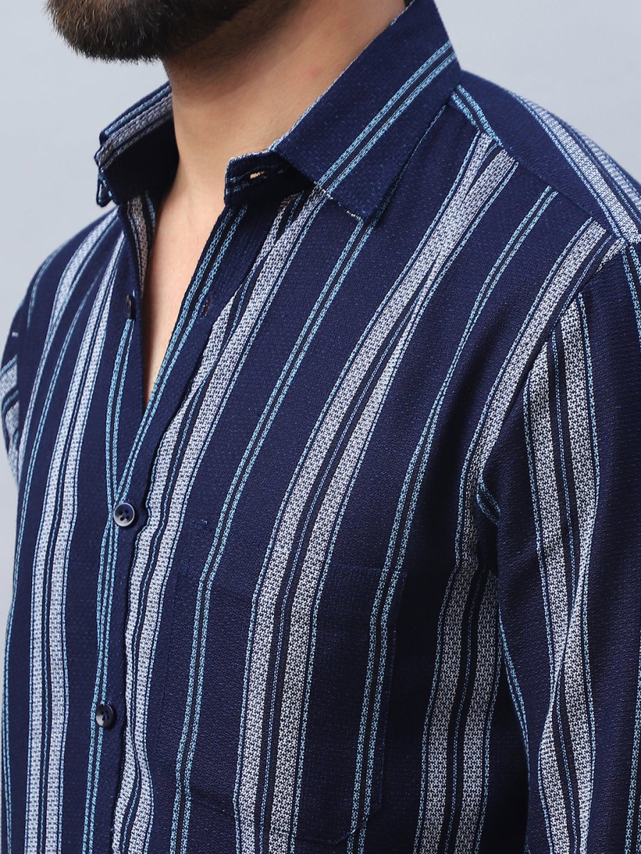 Striped Pure Cotton Casual Shirt for Men - SF_988Navy_S