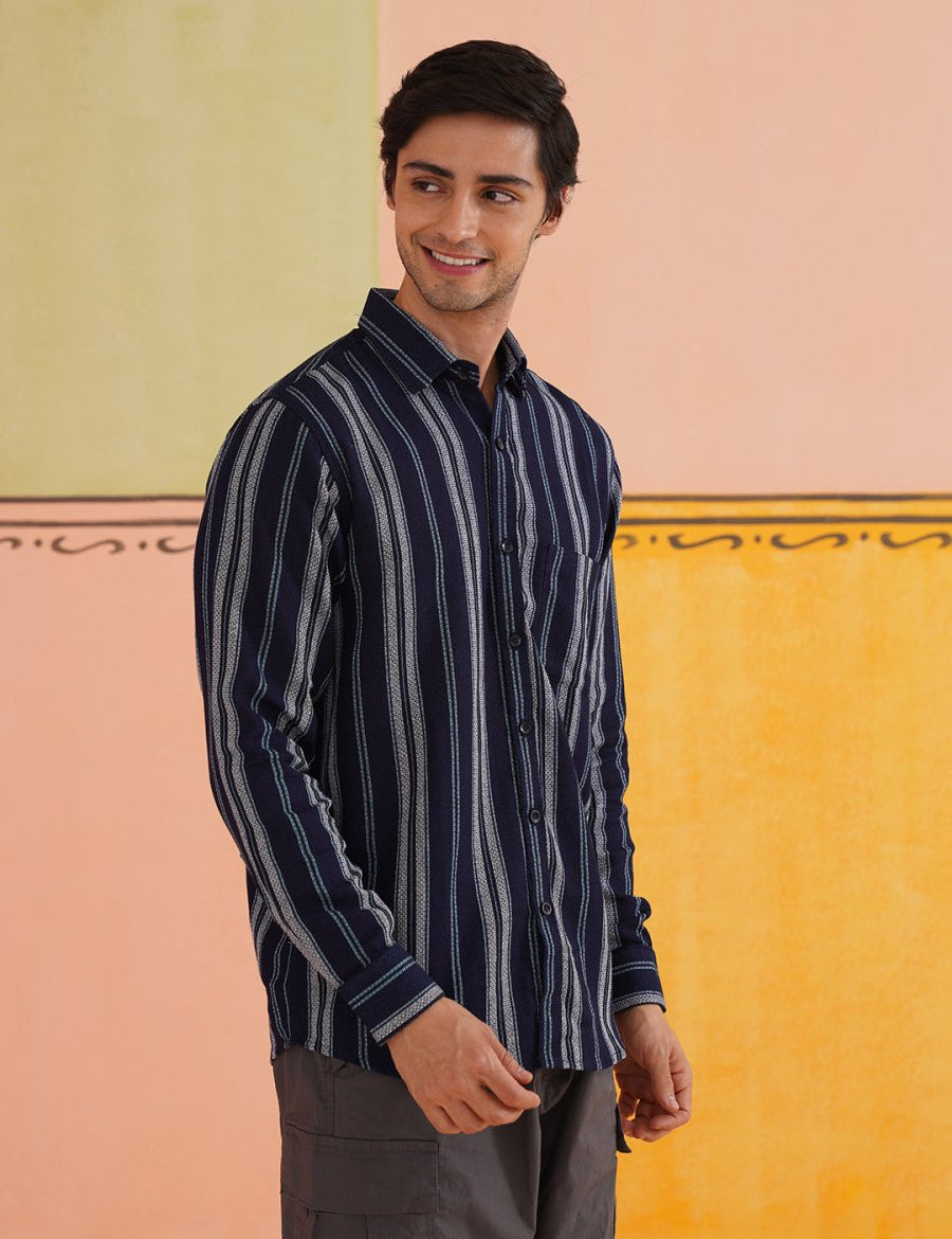 Striped Pure Cotton Casual Shirt for Men - SC_988Navy_S