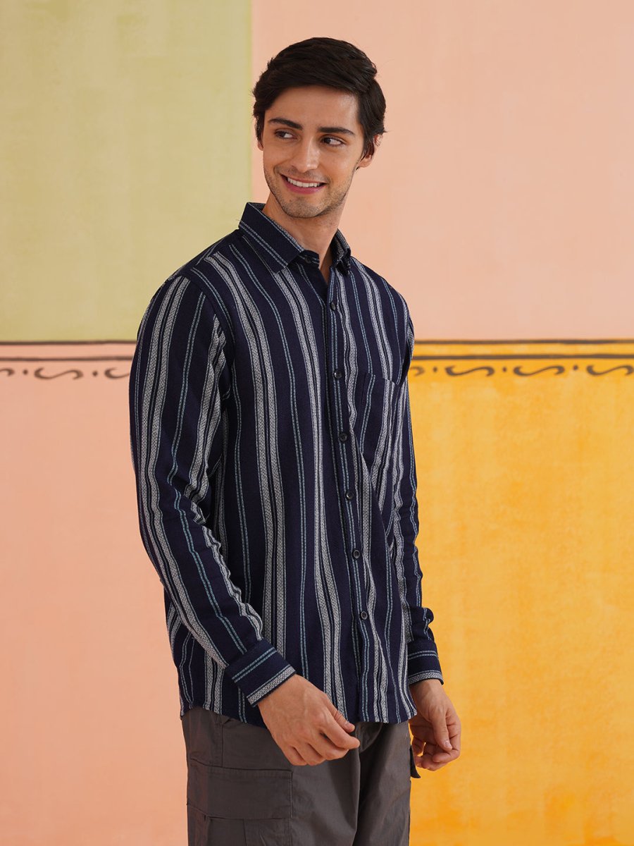 Striped Pure Cotton Casual Shirt for Men - SC_988Navy_S
