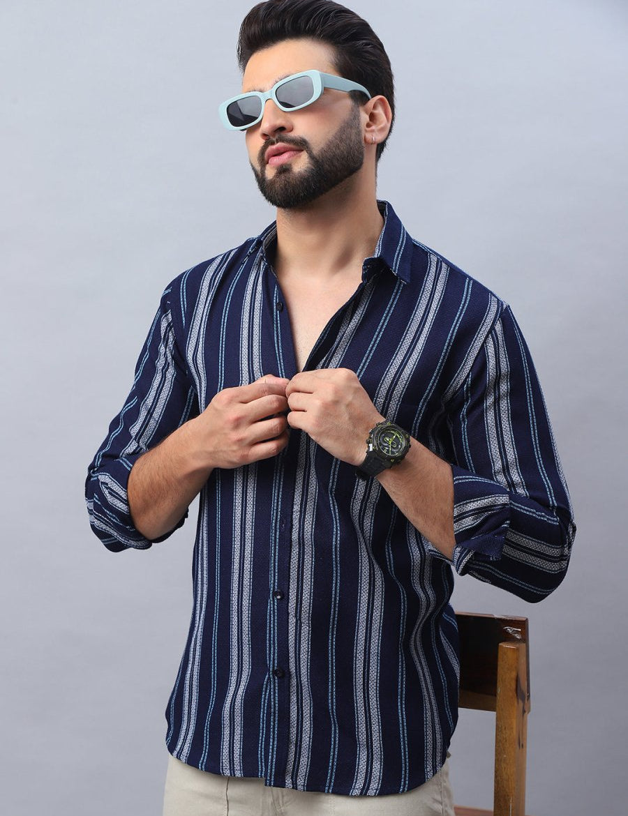 Striped Pure Cotton Casual Shirt for Men - SF_988Navy_S