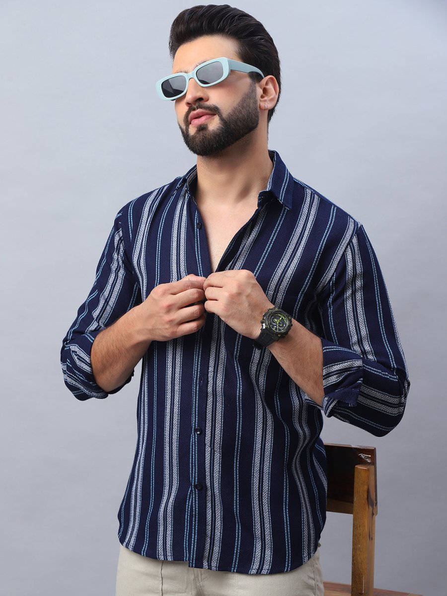 Striped Pure Cotton Casual Shirt for Men - SF_988Navy_S