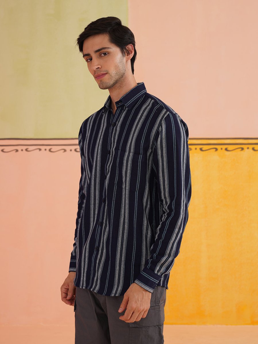 Striped Pure Cotton Casual Shirt for Men - SC_988Navy_S