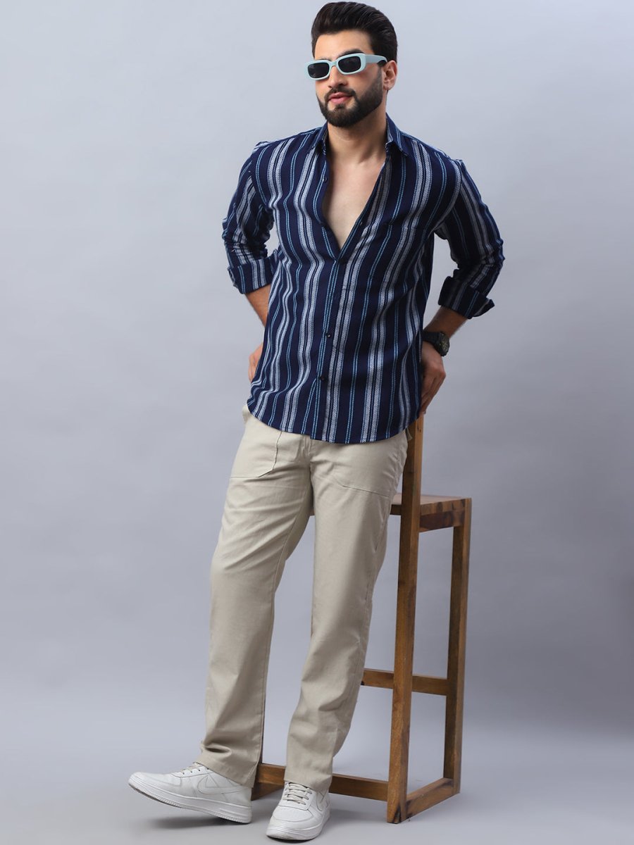 Striped Pure Cotton Casual Shirt for Men - SF_988Navy_S