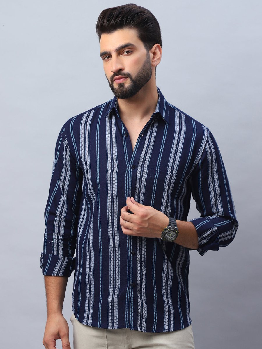 Striped Pure Cotton Casual Shirt for Men - SF_988Navy_S