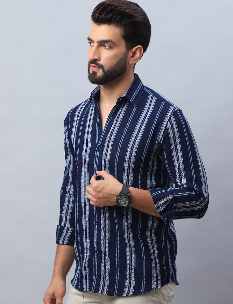 Striped Pure Cotton Casual Shirt for Men - SF_988Navy_S