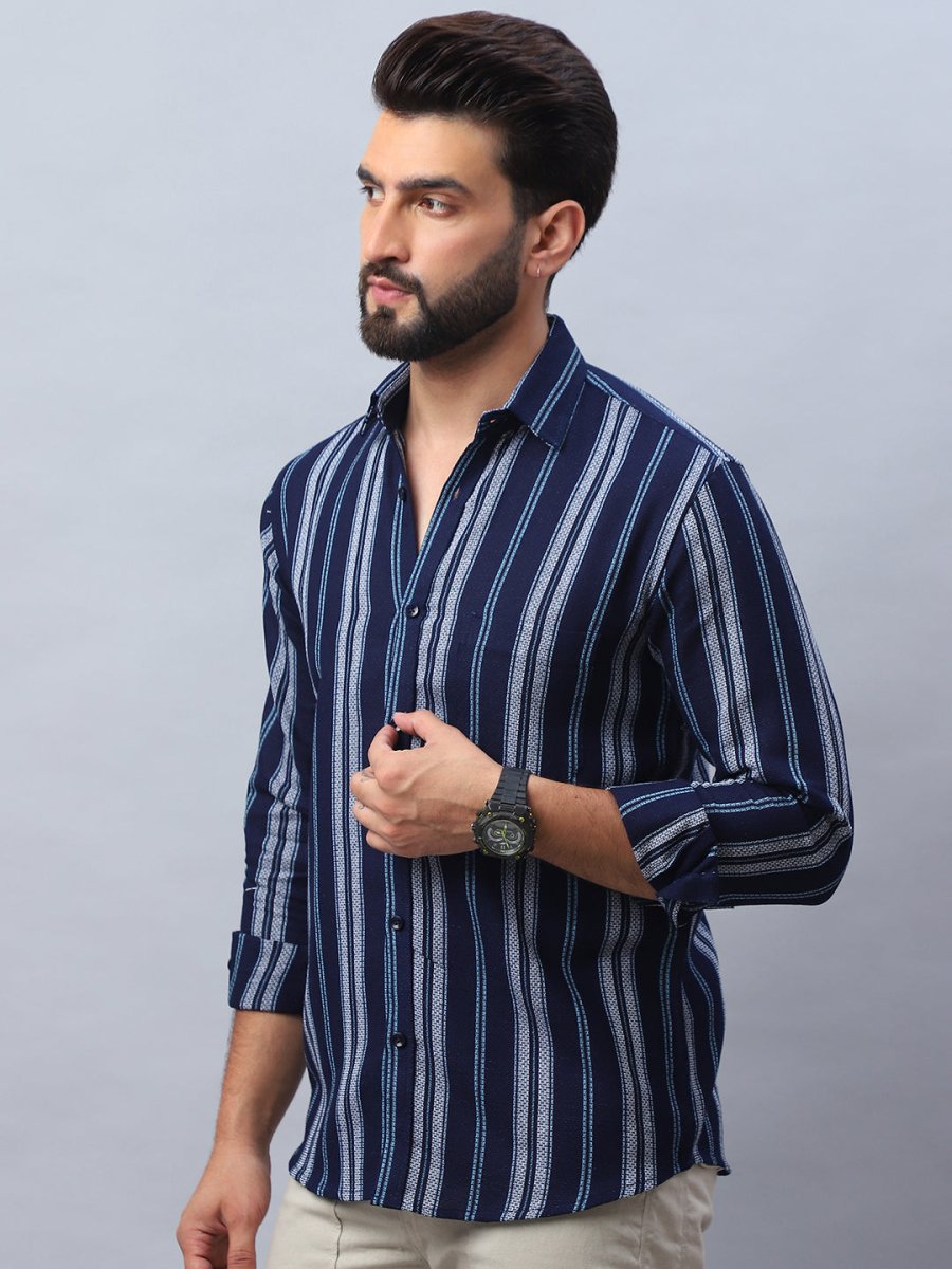 Striped Pure Cotton Casual Shirt for Men - SF_988Navy_S