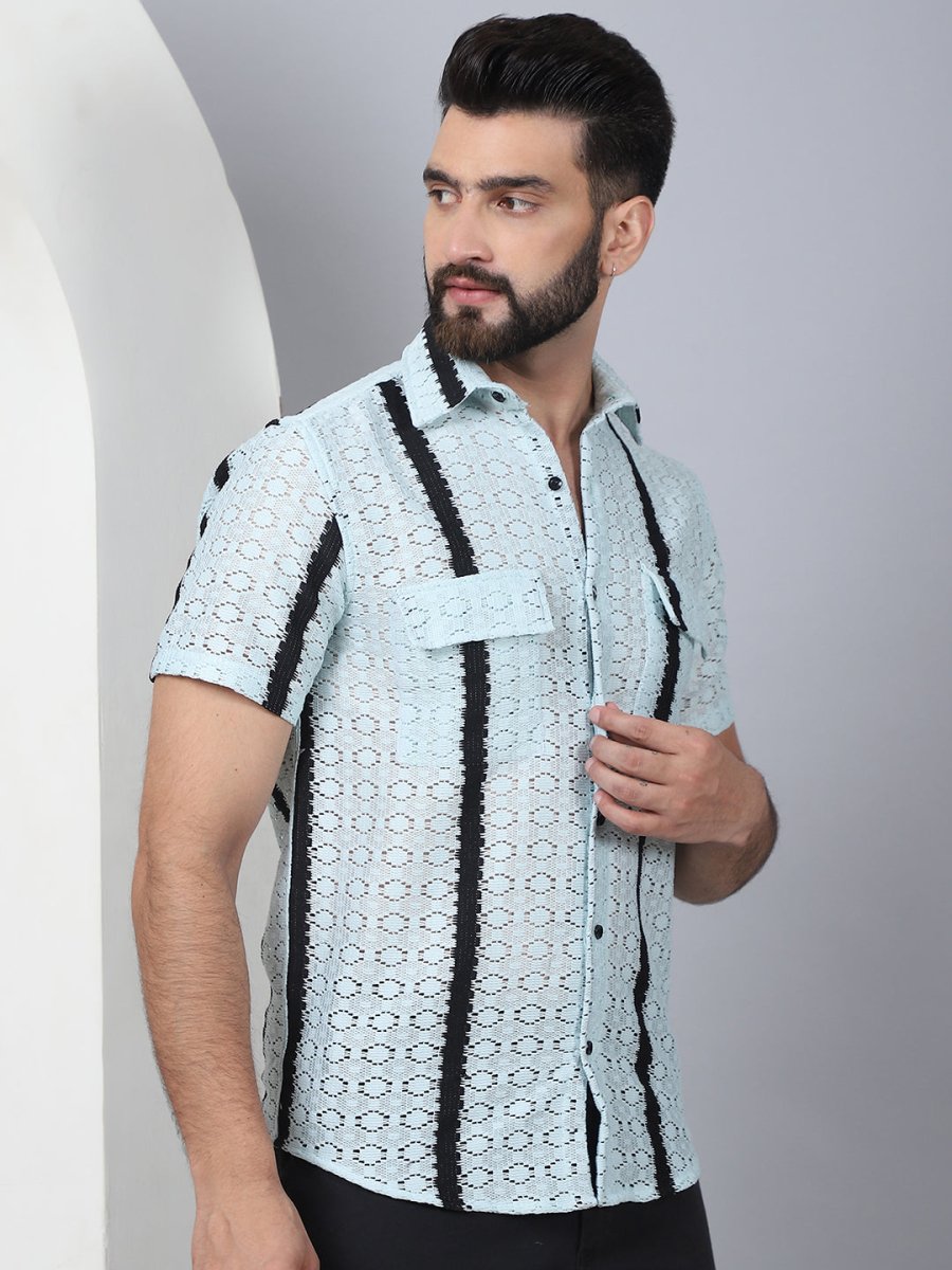 Striped Semi Sheer Casual Shirt For Men - SF_955Blue_S
