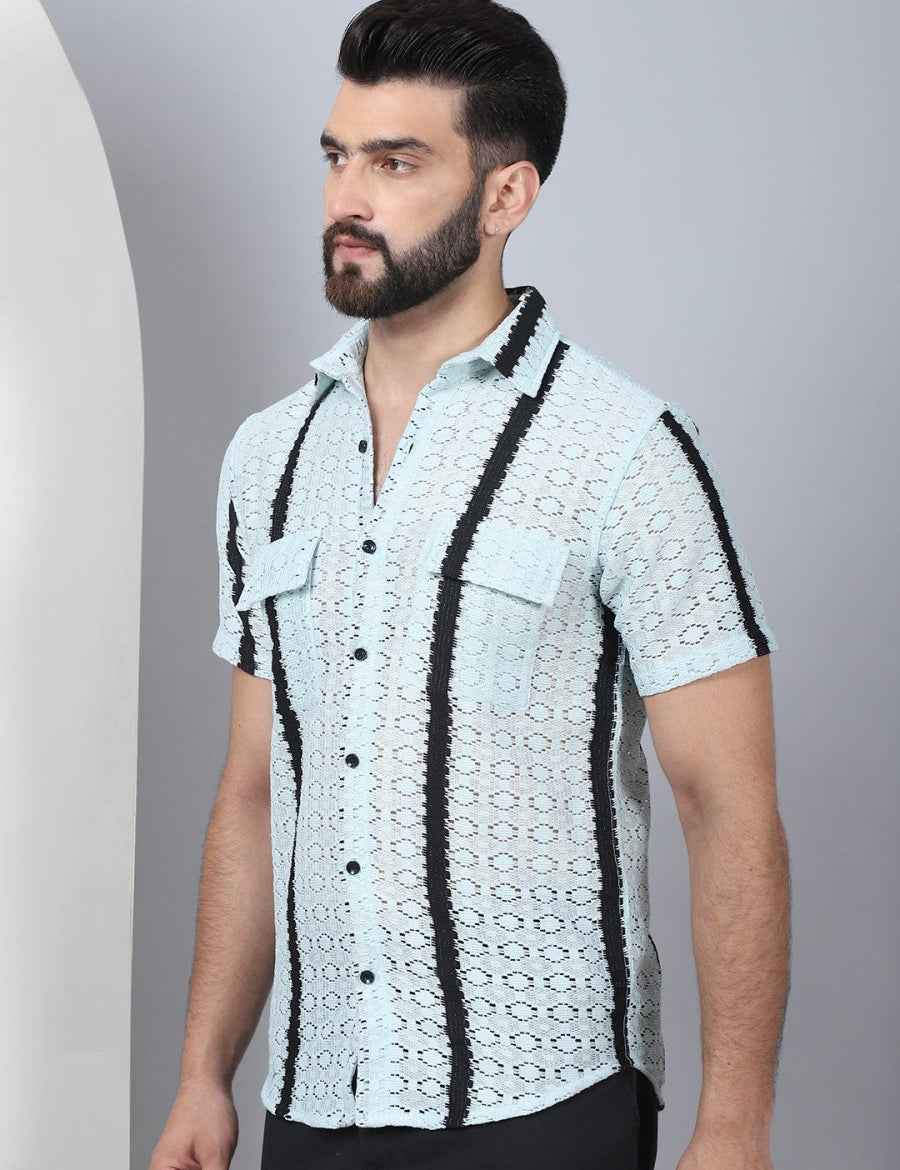 Striped Semi Sheer Casual Shirt For Men - SF_955Blue_S