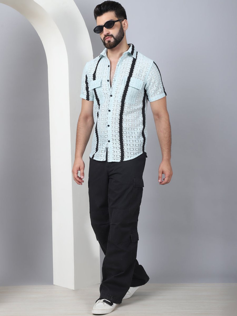 Striped Semi Sheer Casual Shirt For Men - SF_955Blue_S