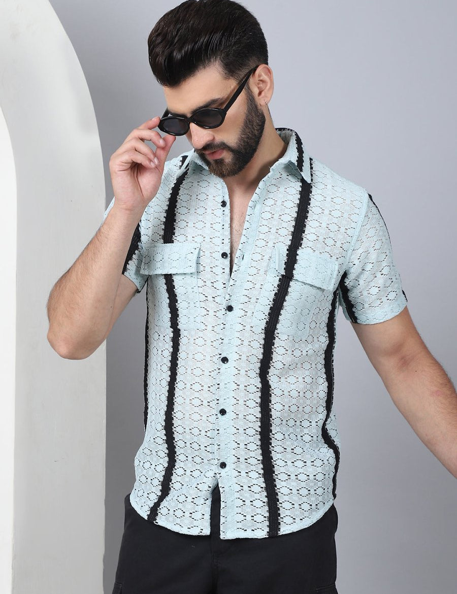 Striped Semi Sheer Casual Shirt For Men - SF_955Blue_S