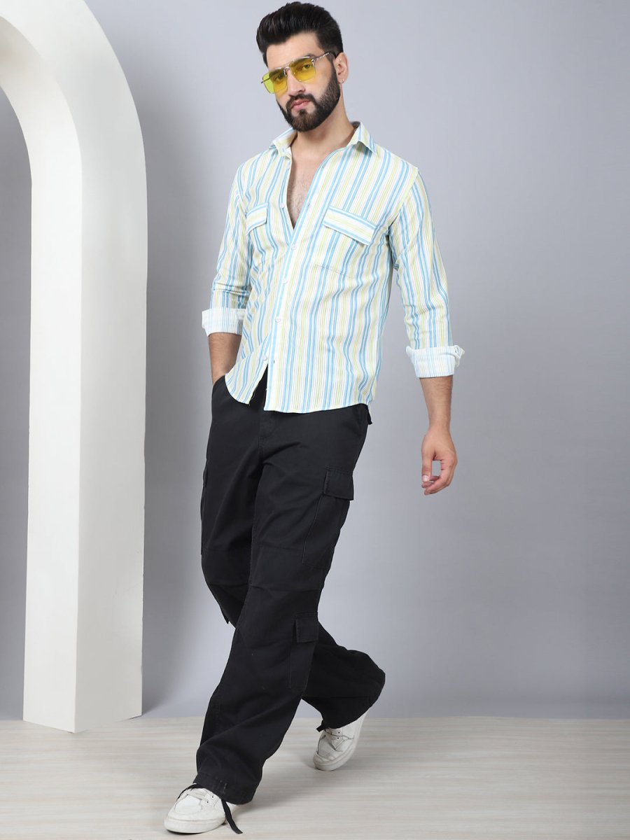 Striped Spread Collar Cotton Casual Shirt for Men - SF_970Sky_S