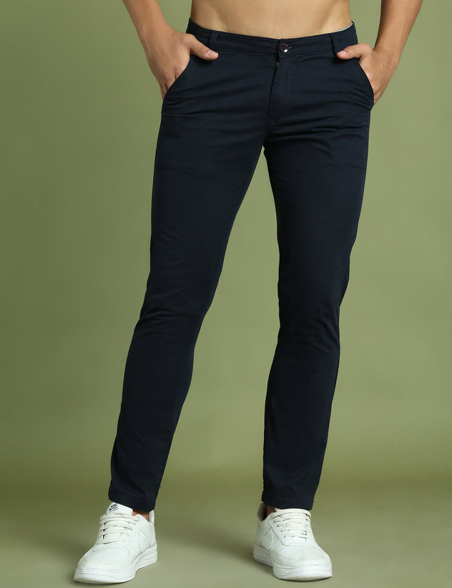Tapered Fit Solid Trousers for Men - FGP_301Navy_30