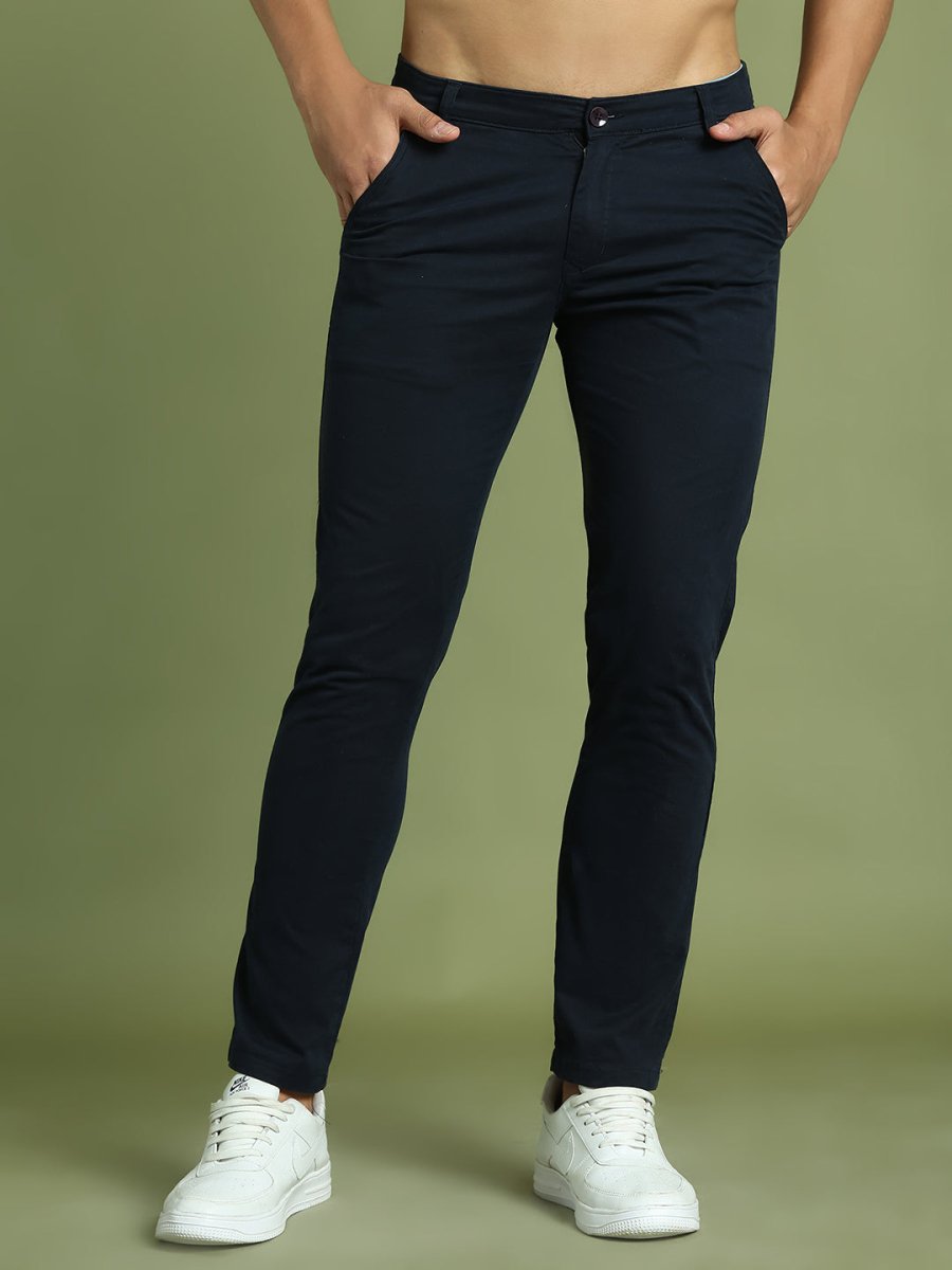Tapered Fit Solid Trousers for Men - FGP_301Navy_30
