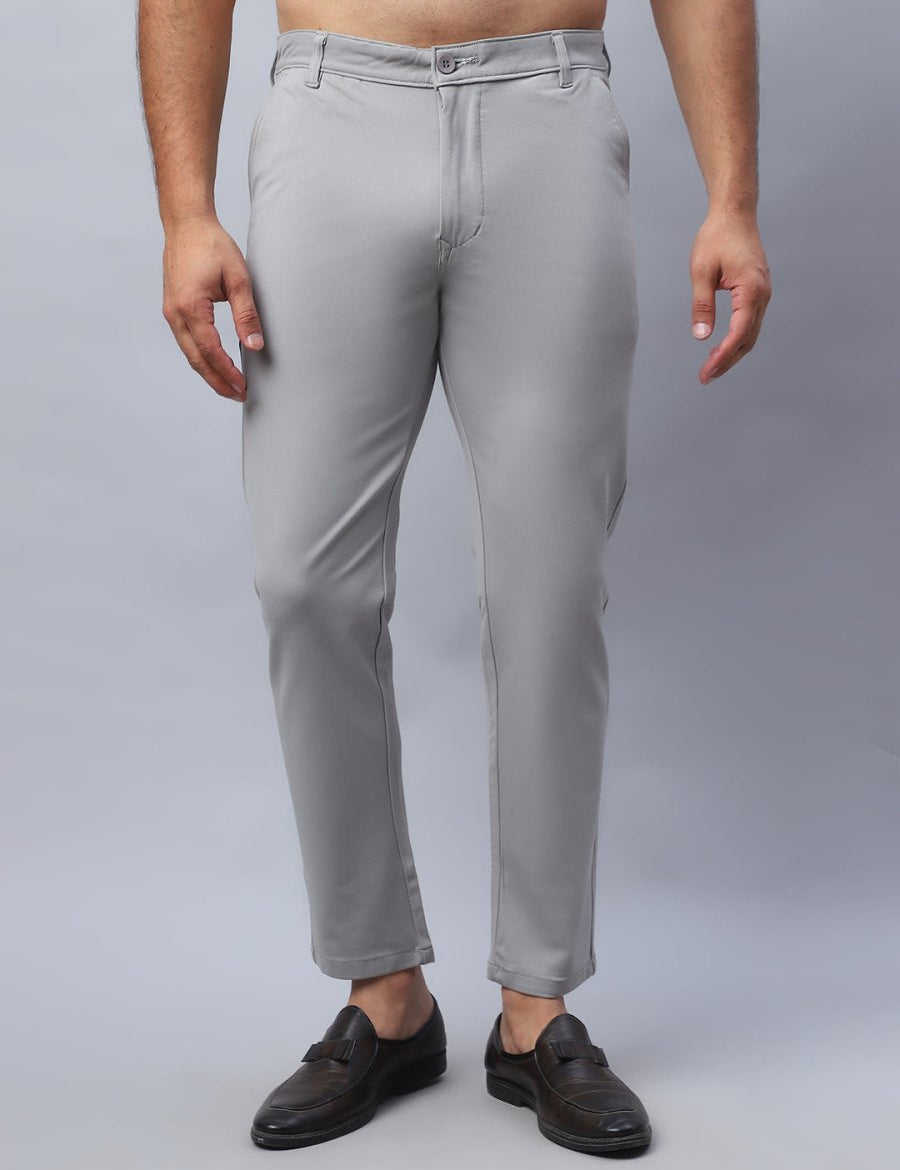 Tapered Fit Solid Trousers For Men - FGP_279Light-Grey_30