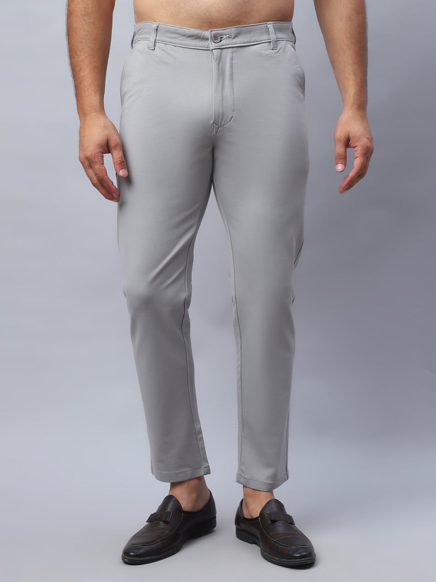 Tapered Fit Solid Trousers For Men - FGP_279Light-Grey_30