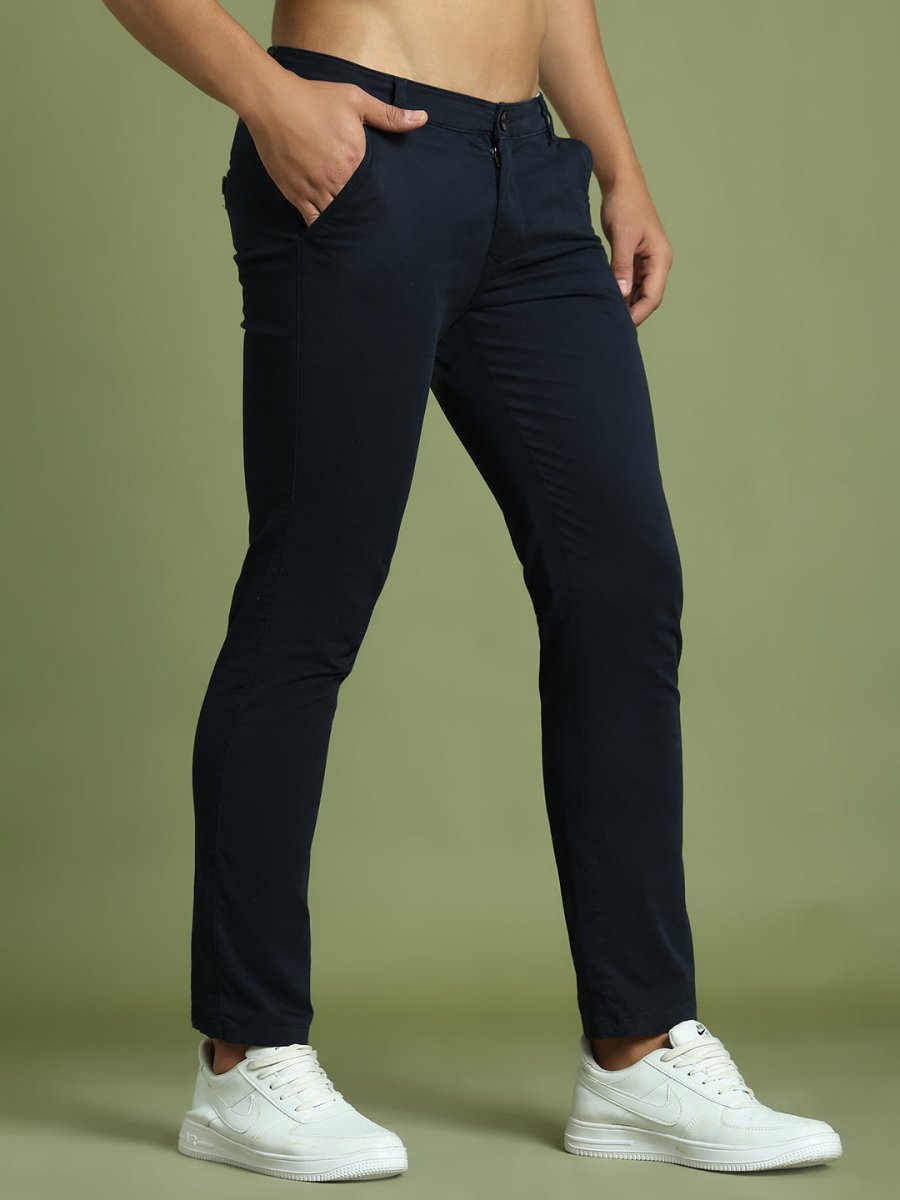 Tapered Fit Solid Trousers for Men - FGP_301Navy_30