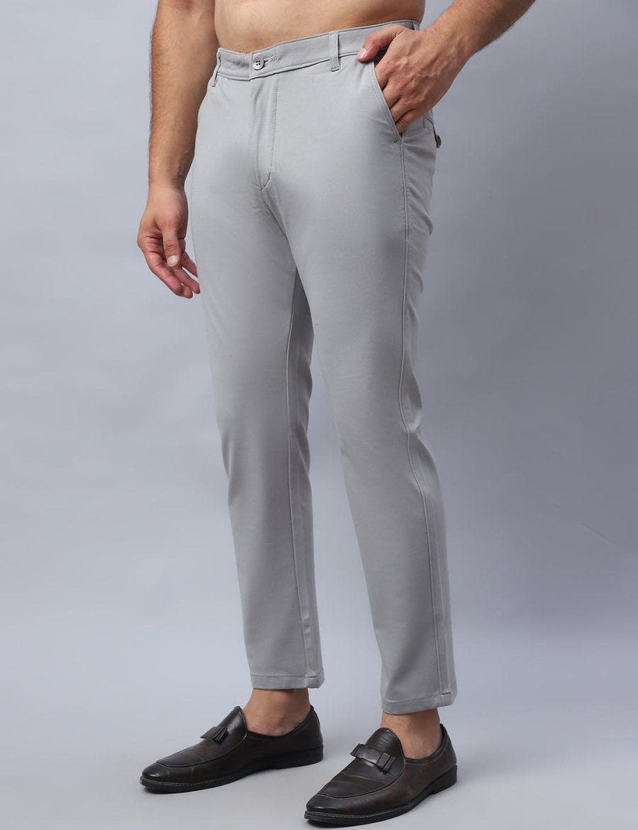 Tapered Fit Solid Trousers For Men - FGP_279Light-Grey_30