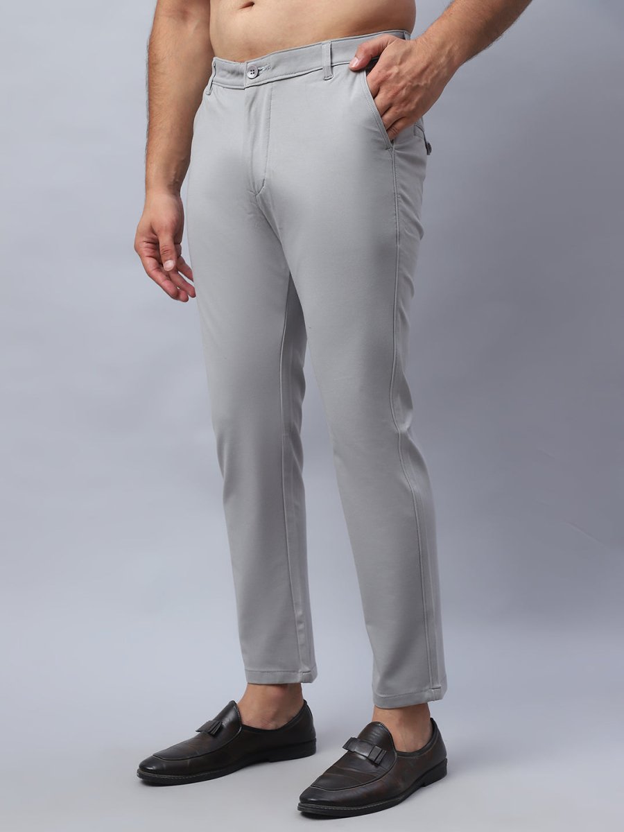 Tapered Fit Solid Trousers For Men - FGP_279Light-Grey_30