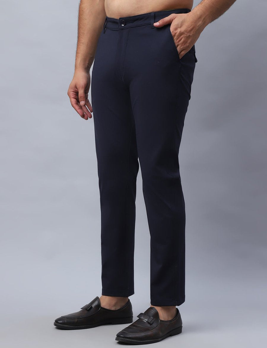 Tapered Fit Solid Trousers For Men - FGP_279Navy_30