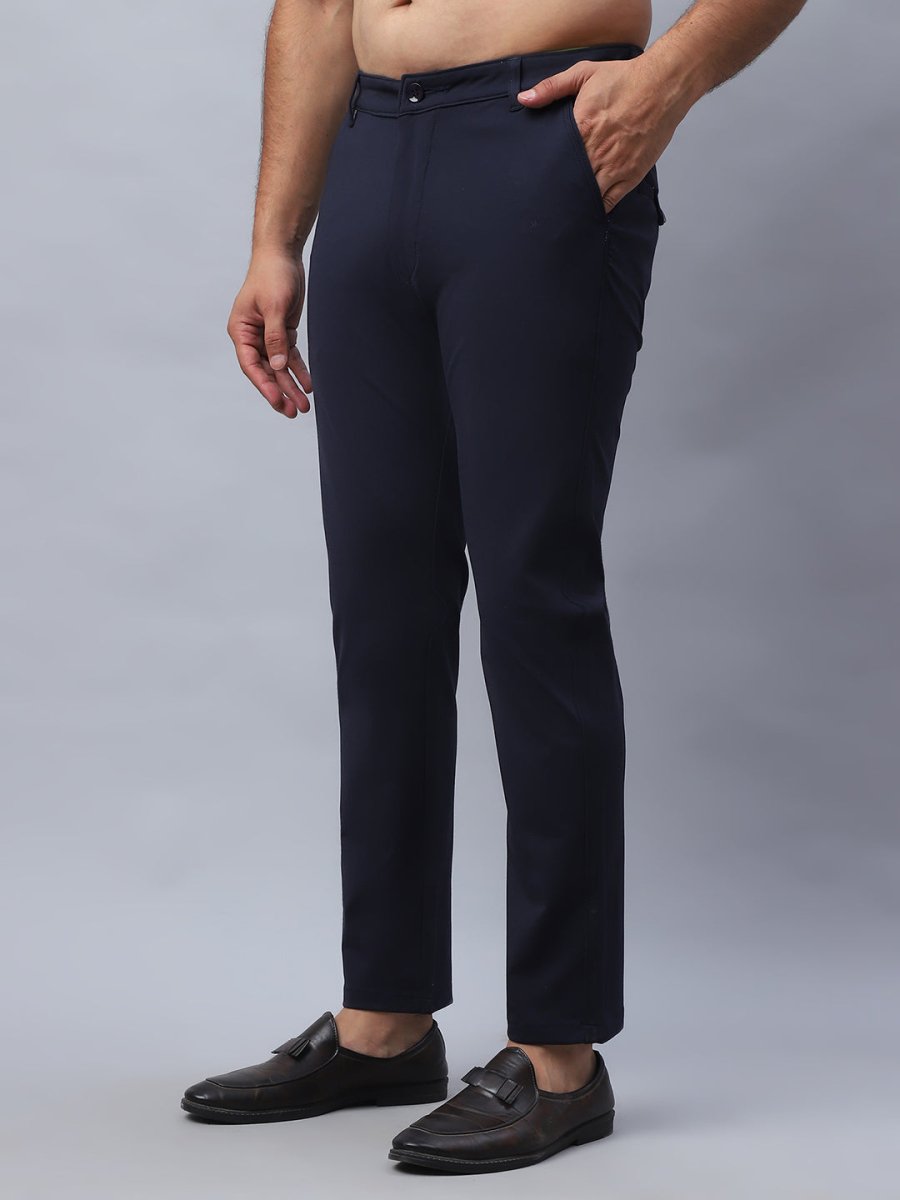Tapered Fit Solid Trousers For Men - FGP_279Navy_30