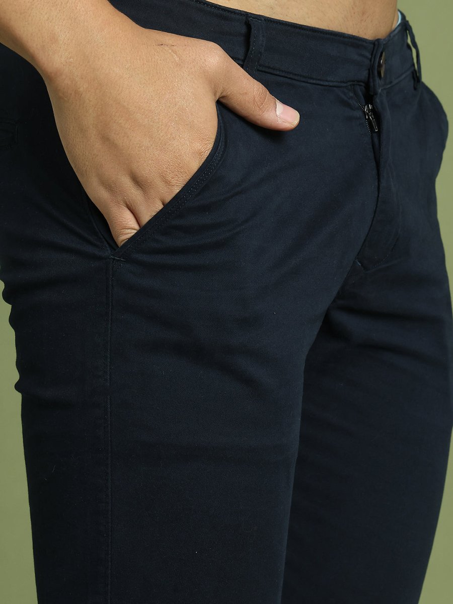 Tapered Fit Solid Trousers for Men - FGP_301Navy_30