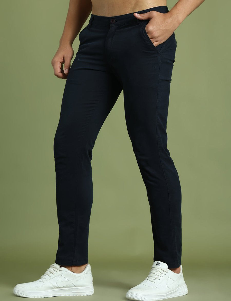 Tapered Fit Solid Trousers for Men - FGP_301Navy_30