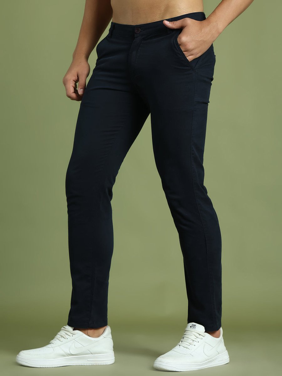 Tapered Fit Solid Trousers for Men - FGP_301Navy_30
