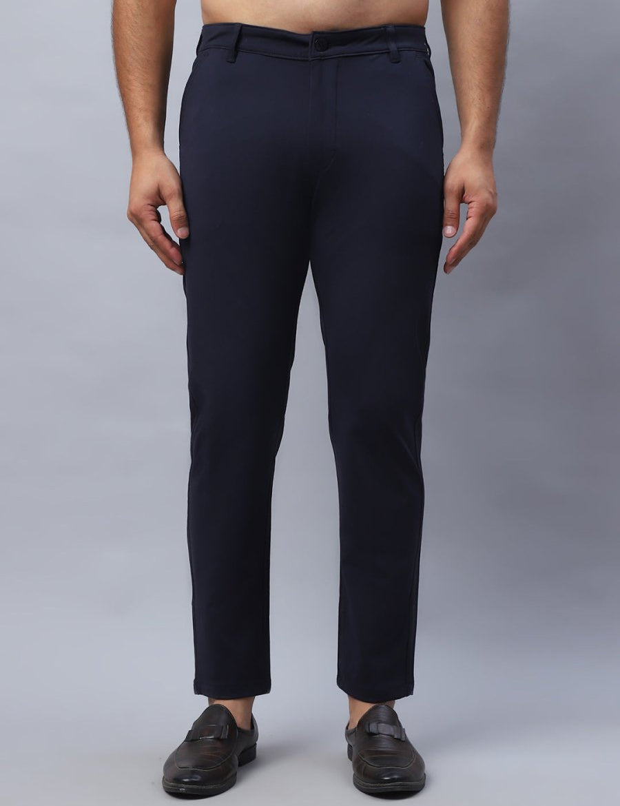 Tapered Fit Solid Trousers For Men - FGP_279Navy_30