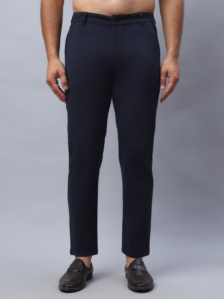 Tapered Fit Solid Trousers For Men - FGP_279Navy_30