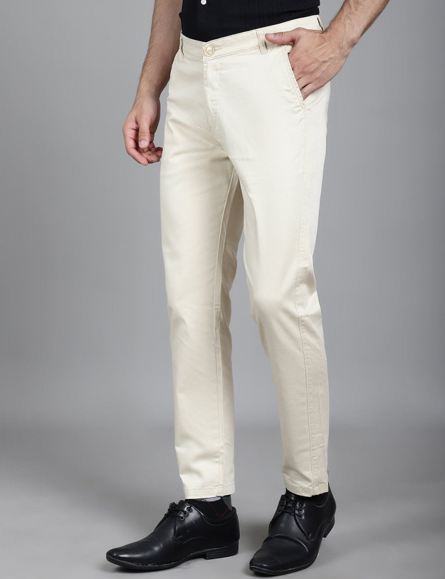 Tapered Fit Solid Trousers - FGP_253Cream_30