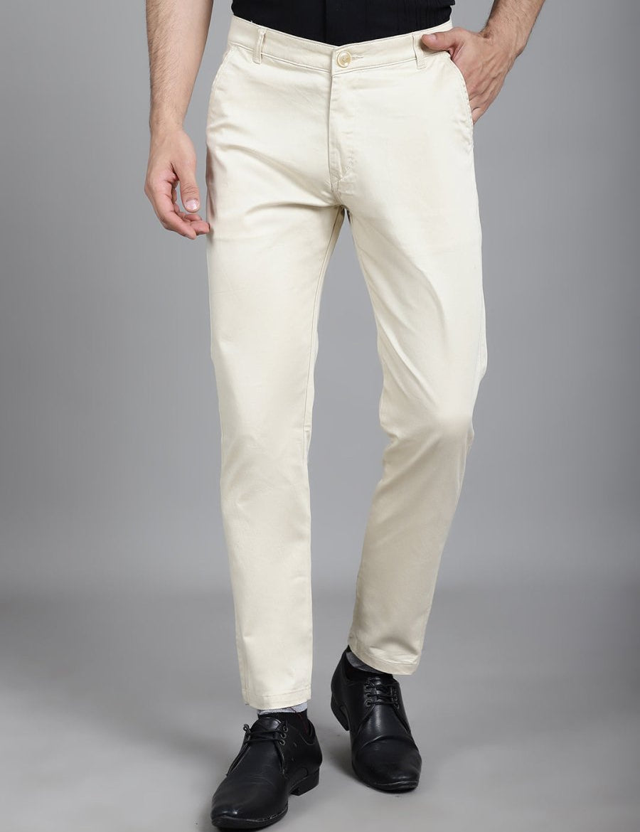 Tapered Fit Solid Trousers - FGP_253Cream_30
