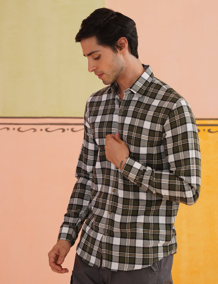 Tartan Checks Cotton Casual Shirt for Men - SC_9017Olive_S