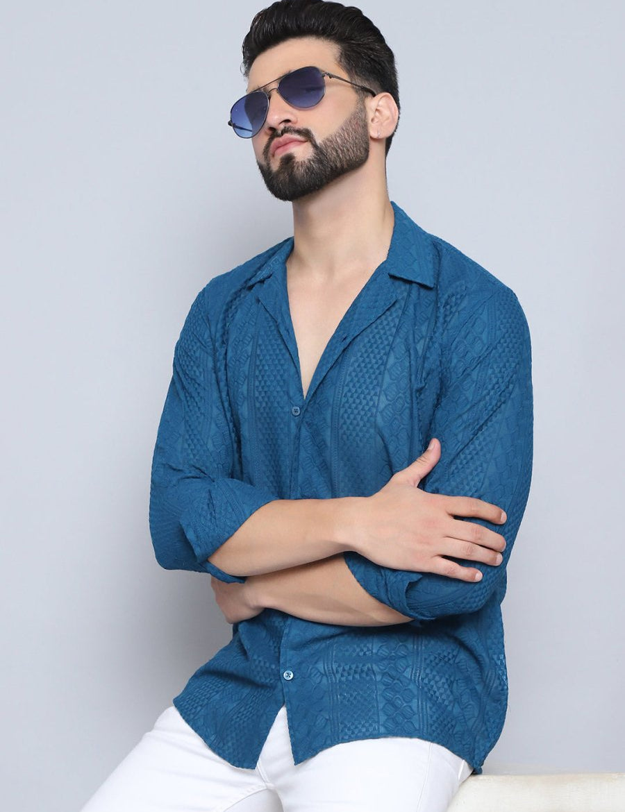 Teal Self Design Party Shirt for Men - SF_992Teal_S
