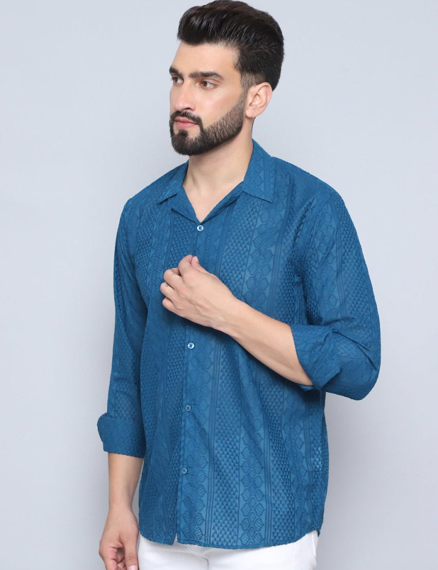 Teal Self Design Party Shirt for Men - SF_992Teal_S