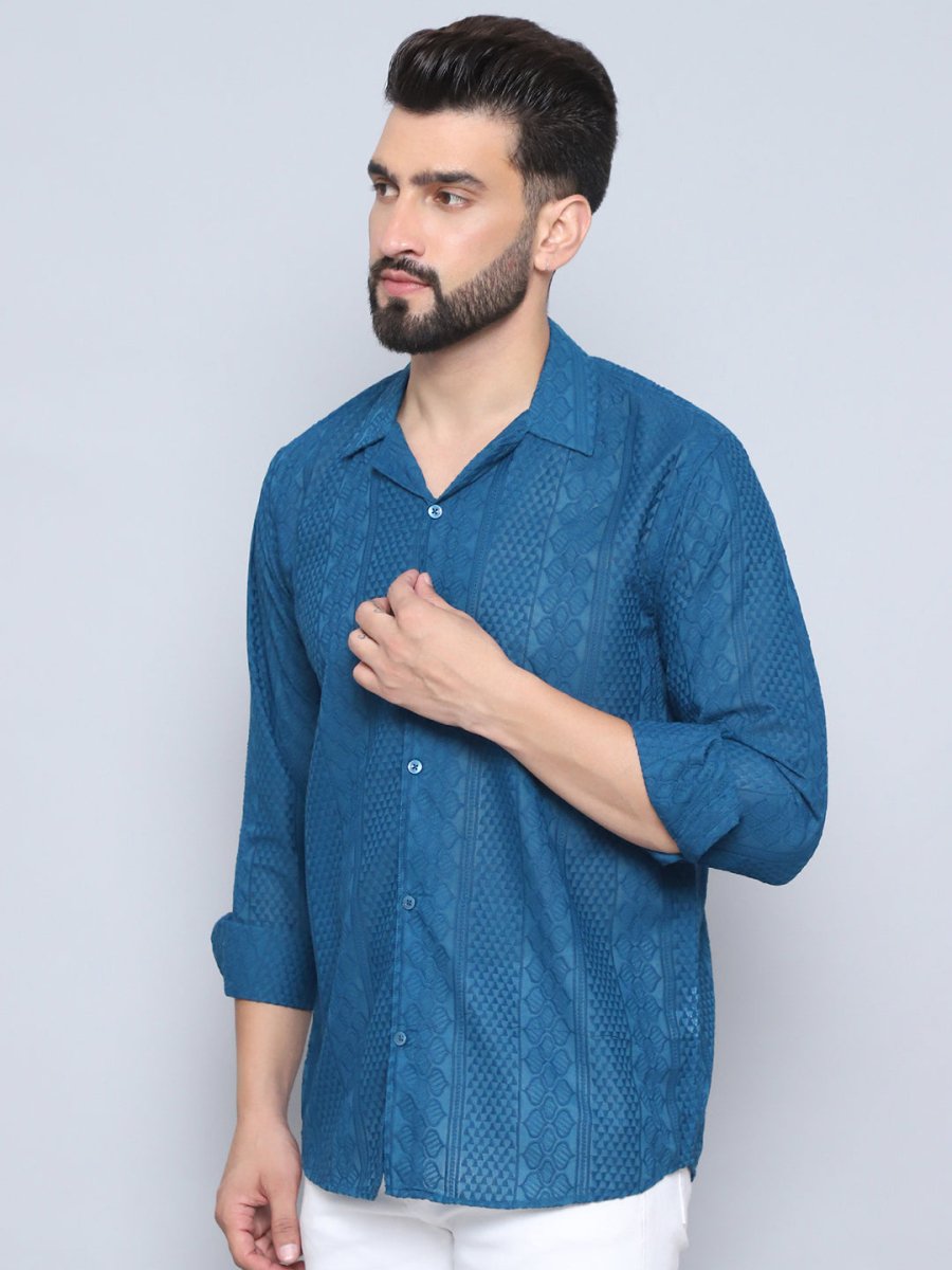Teal Self Design Party Shirt for Men - SF_992Teal_S