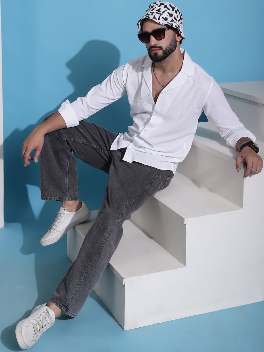 White Self Design Cotton Formal Shirt for Men - SF_904White_S