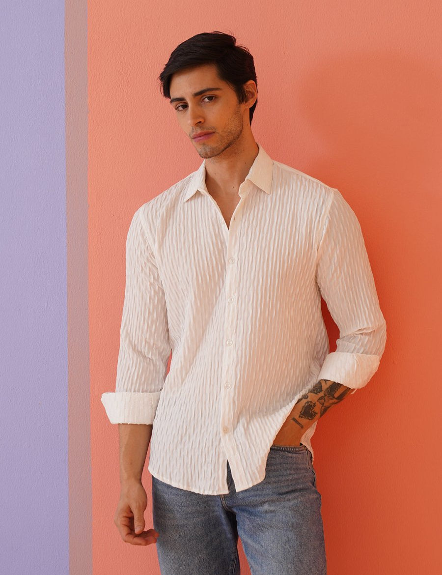 White Self Design Cotton Formal Shirt for Men - SF_928White_S